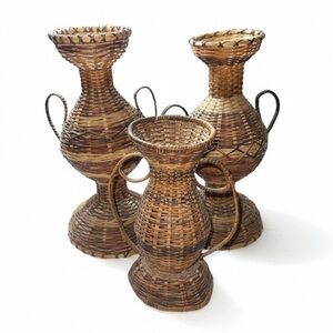 Handcrafted Brown Wicker Vases Set of 3 Vintage MCM Farmhouse